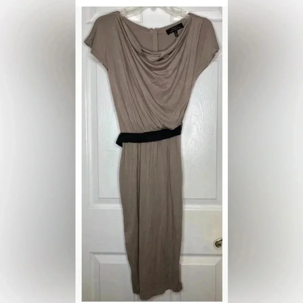Woman ROBERT RODRIGUEZ Beige Brown Short Sleeve Cowl Neck Dress Sz 0 Black Belt